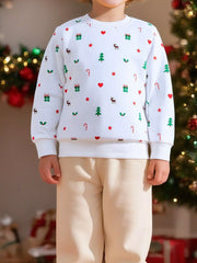 White crew neck sweatshirt with Christmas print, long sleeves, cotton blend.