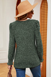 Dark Green ribbed knit tee with square neckline, puff sleeves, and ruffled cuffs.