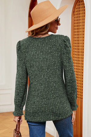 Dark Green ribbed knit tee with square neckline, puff sleeves, and ruffled cuffs.