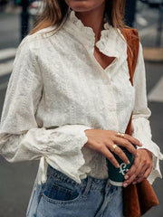 Embroidered Flounce Sleeve Shirt in White, side view