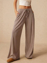 Mocha ribbed palazzo lounge trousers with drawstring waist and wide leg.