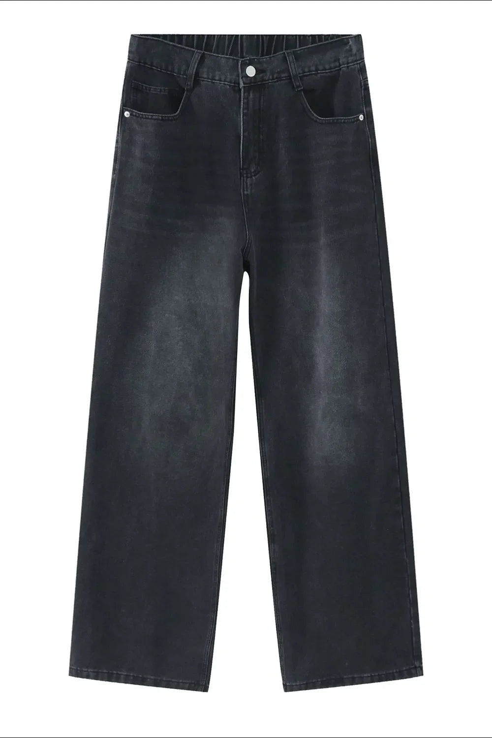 Dark Gray wide-leg denim trousers with elastic waist and button closure.