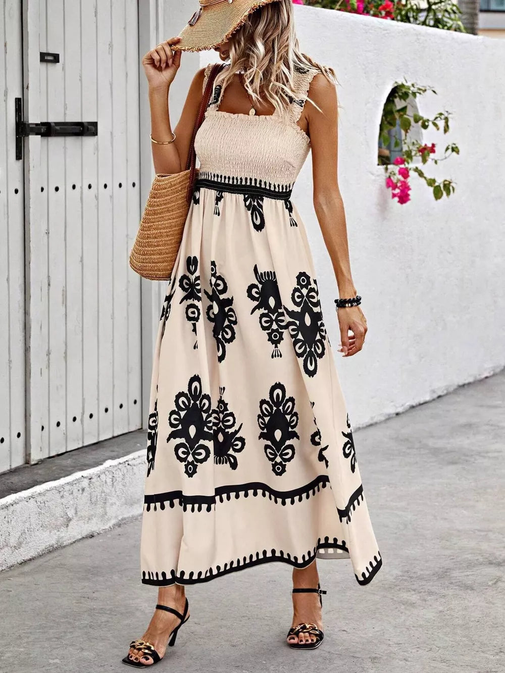 Charming Smocked Square Neck Maxi Dress in Tan with black print, a-line cut, sleeveless.