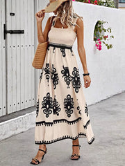 Charming Smocked Square Neck Maxi Dress in Tan with black print, a-line cut, sleeveless.