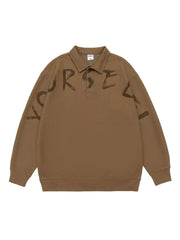 Oversized coffee polo sweatshirt with dark brown distressed letter print on front and sleeves.