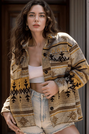 GeoChic collar jacket in camel with geometric pattern and chest pockets.