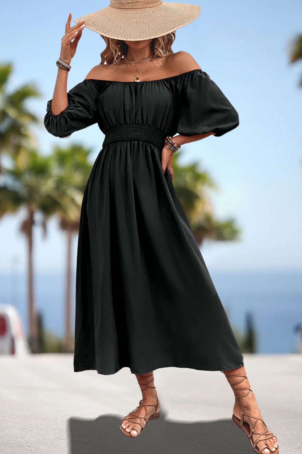 Black off-shoulder puff sleeve empire midi dress with smocked waist