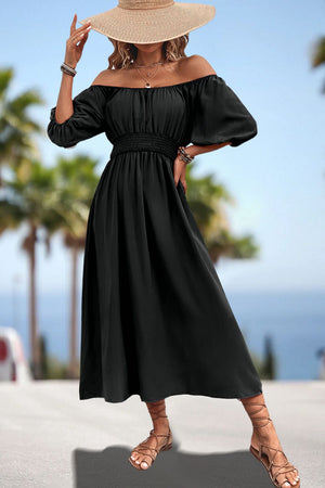 Black off-shoulder puff sleeve empire midi dress with smocked waist