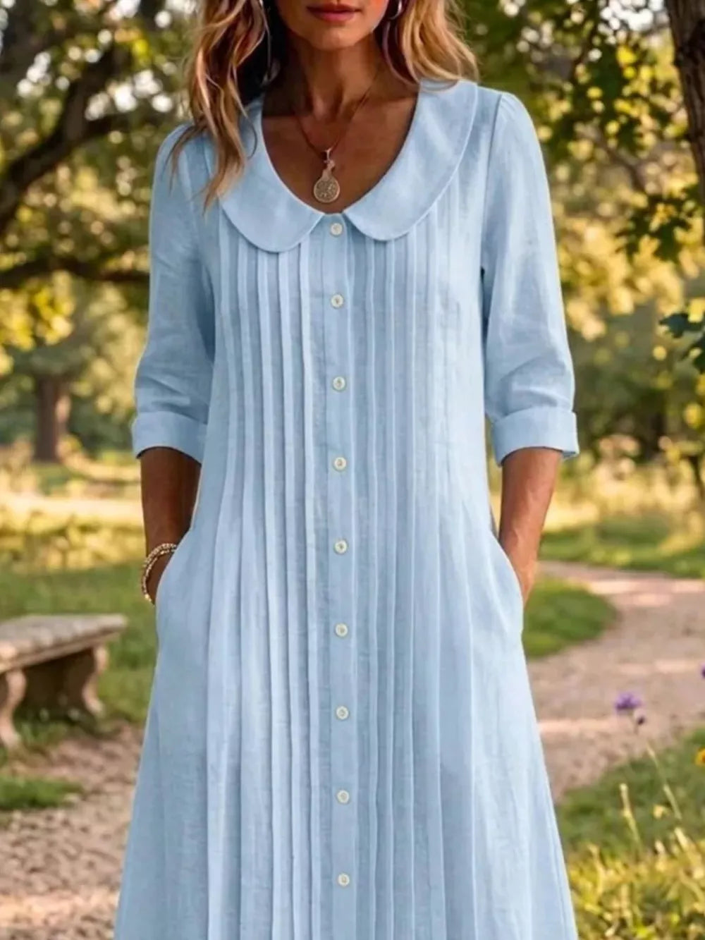 Peter Pan Collar Button Down Dress Plus Size, model styling view