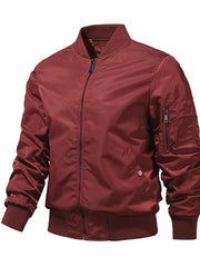 Men's red zip-up bomber jacket with ribbed collar, cuffs, and hem.