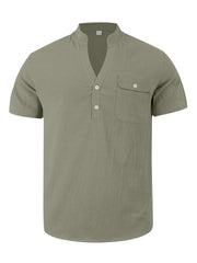 Men's military green short sleeve henley shirt with band collar and chest pocket.