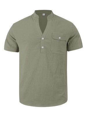 Men's military green short sleeve henley shirt with band collar and chest pocket.