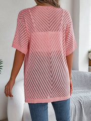 Pink open-knit slouchy cardigan with short sleeves and chevron pattern
