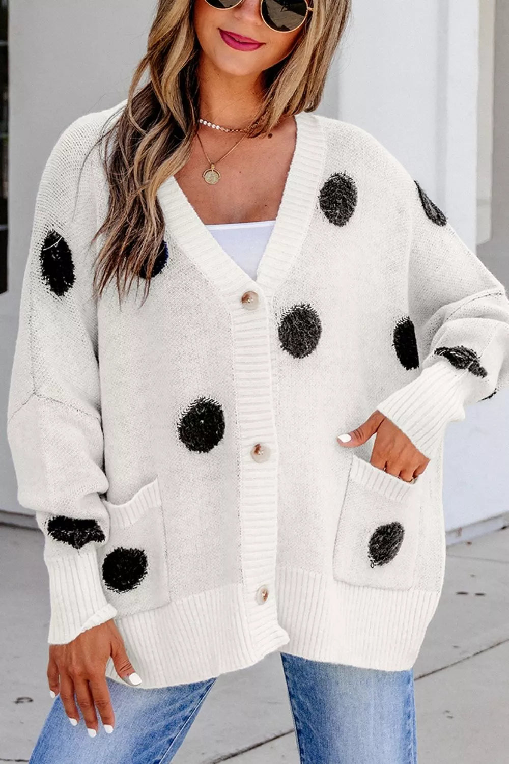 Polka Dot Button Up Cardigan in White, back view