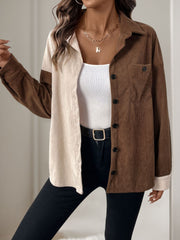 Colorblock corduroy shirt in coffee brown and beige with asymmetrical paneling and button front.