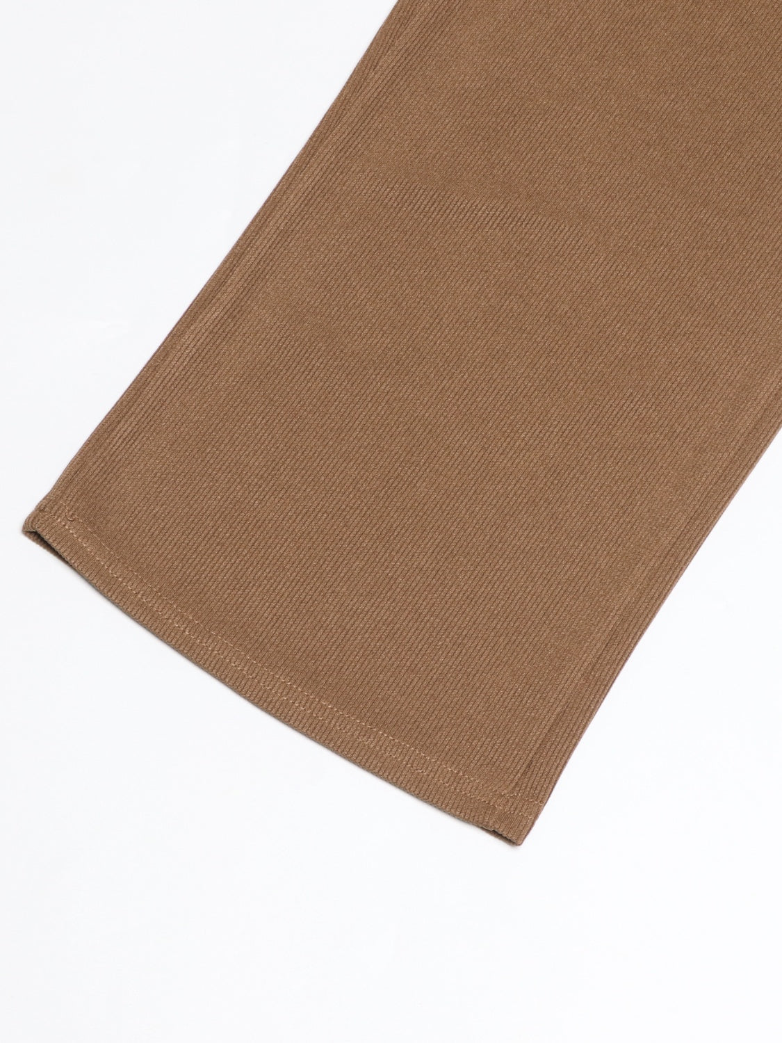 Brown ribbed knit lounge pants with a relaxed fit and stitched hem.