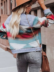 Geometric Print Denim Jacket in Blue, model styling view