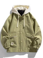 Light green hooded button-up jacket with white drawstring and buttoned flap pockets.
