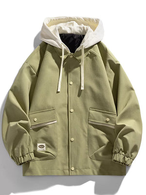 Light green hooded button-up jacket with white drawstring and buttoned flap pockets.