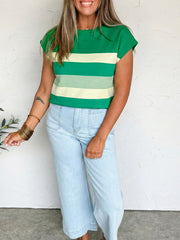 Green and cream striped cap sleeve t-shirt with crew neck.