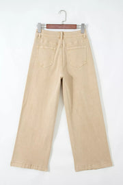 High-waisted cropped wide-leg jeans in beige denim with back pockets.