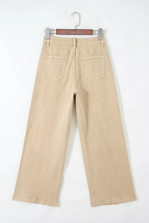High-waisted cropped wide-leg jeans in beige denim with back pockets.
