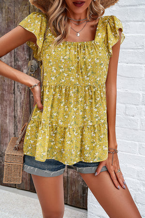 Yellow floral peplum blouse with flutter sleeves and square neckline