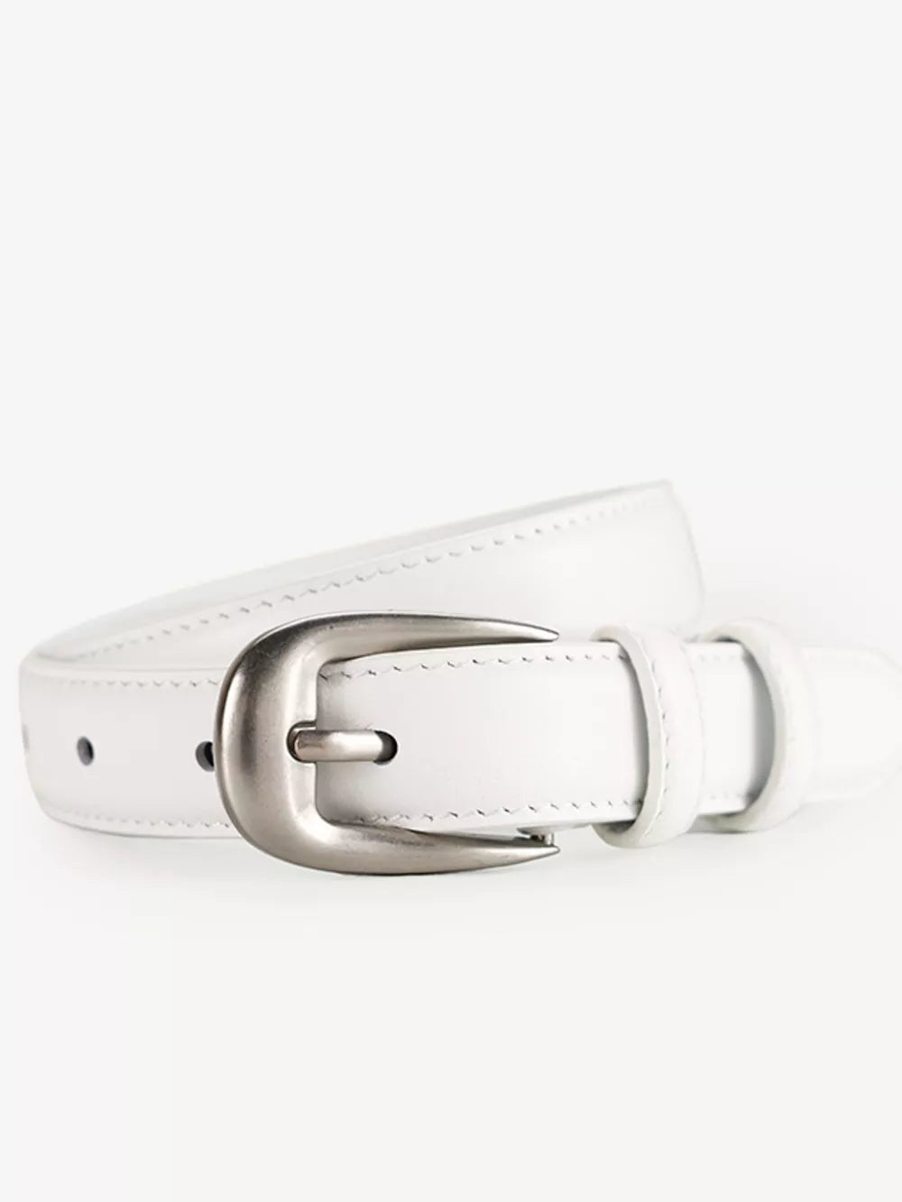 White cowhide leather belt with silver buckle and accents