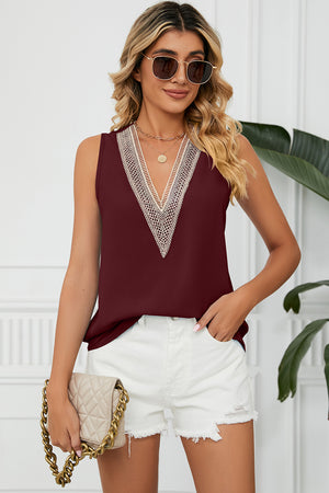 Burgundy V-neck tank top with lace trim detail