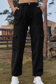 Black utility cargo pants with multiple pockets and a relaxed fit.