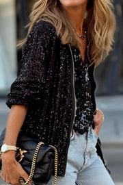 Black sequin bomber jacket with ribbed trim and zipper detail