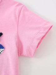 Pink cotton t-shirt with whimsical ocean creature embroidery detail