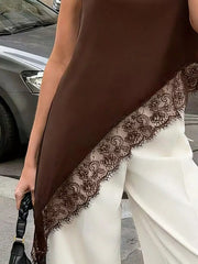 Polka Dot Lace Trim Asymmetrical Hem Sleeveless Blouse in Brown, back view
