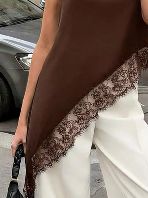 Polka Dot Lace Trim Asymmetrical Hem Sleeveless Blouse in Brown, back view