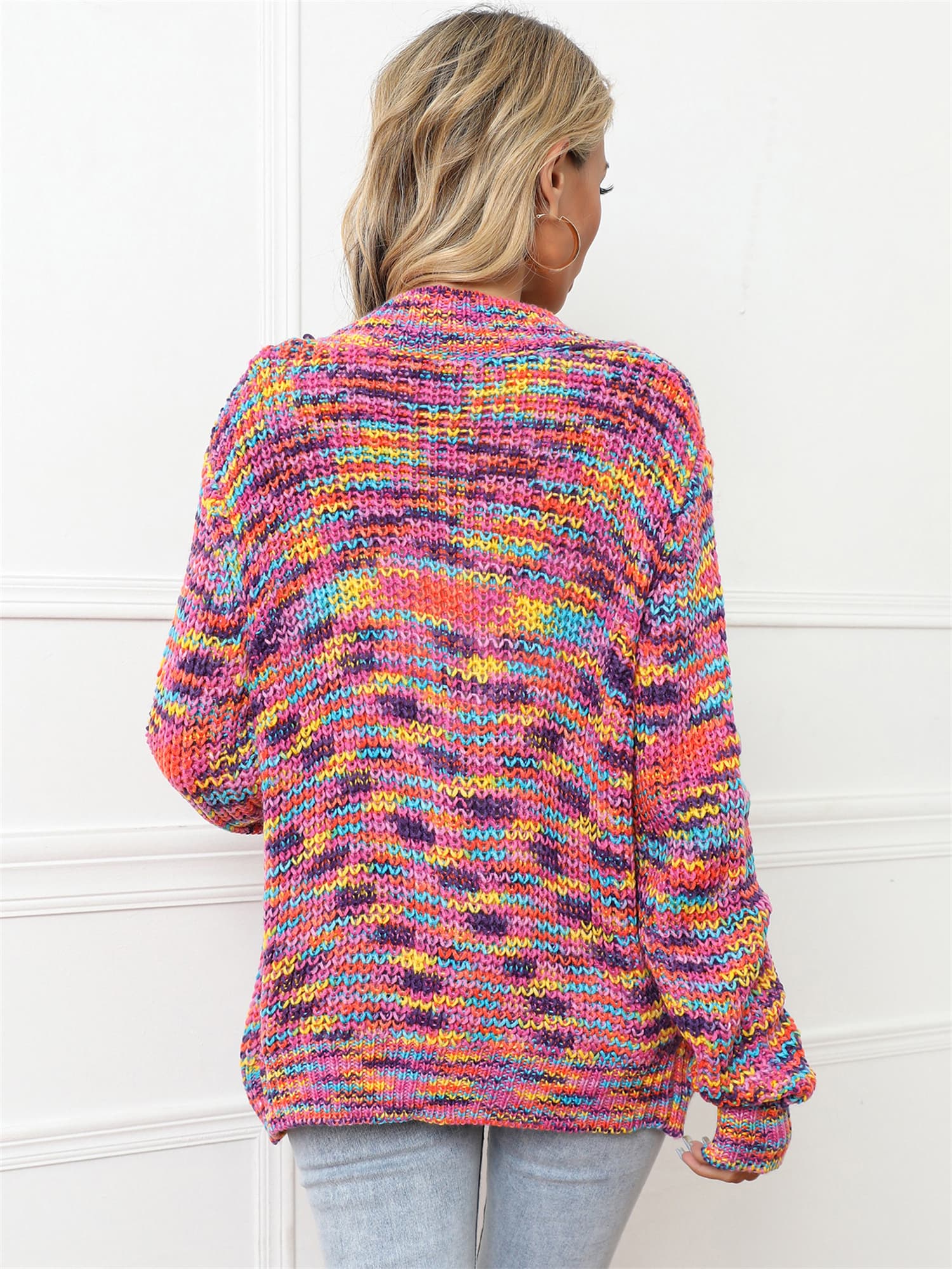 Prismatic knit button-down cardigan in multicolor with a relaxed fit and long sleeves.