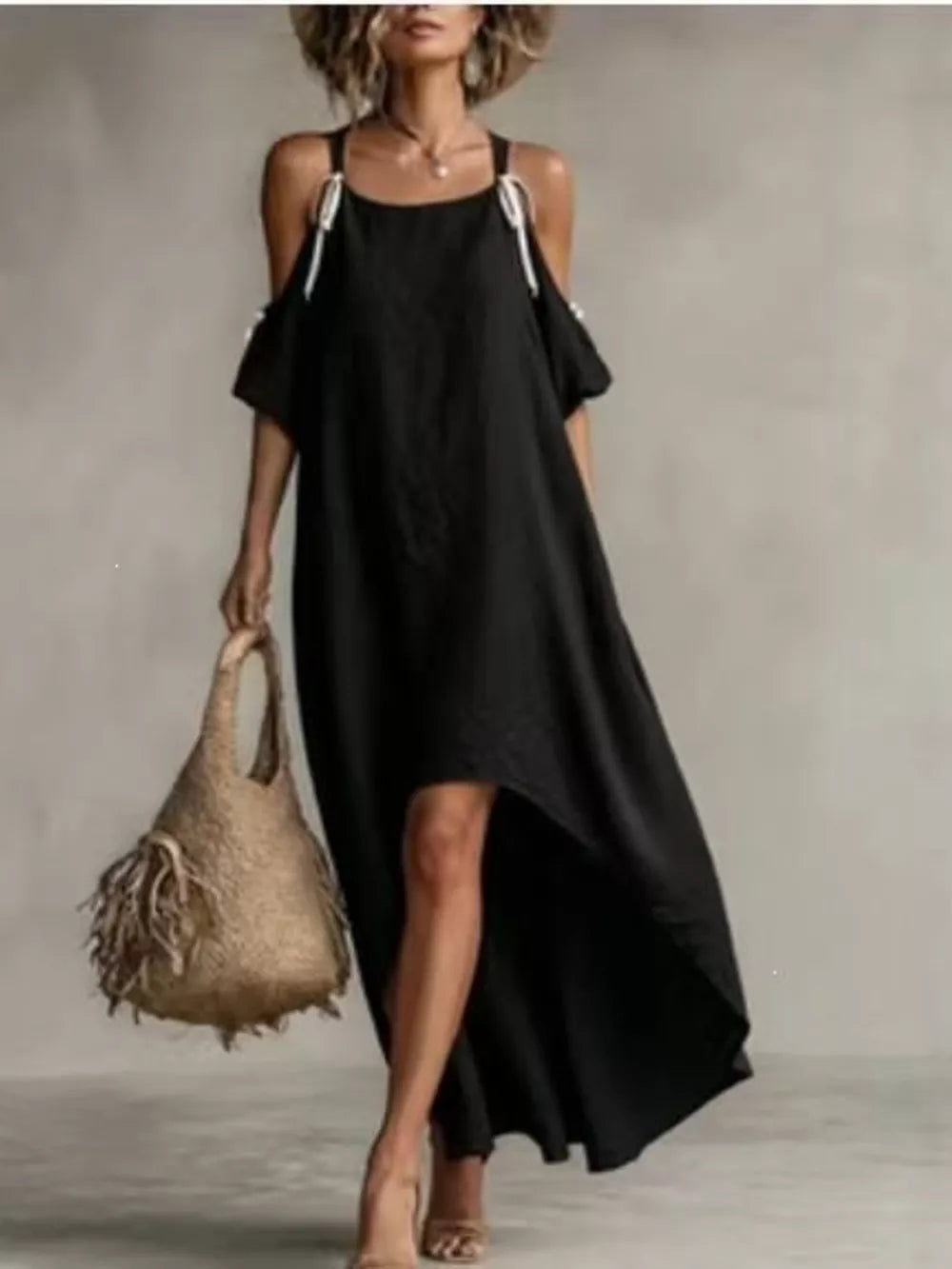 High-low Cold Shoulder Maxi Dress in White, back view