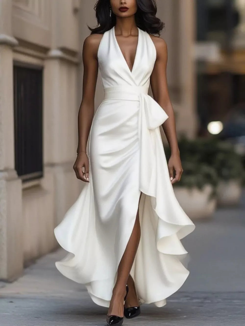 White satin high-low maxi dress with ruffled hem, V-neck, and cinched waist.