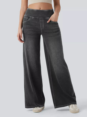 Grey maternity wide-leg jeans with a comfortable cotton blend and contrast stitching.