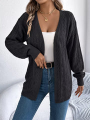 Black openwork acrylic long sleeve cardigan with cable knit details.