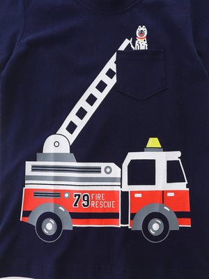 Navy cotton boys' underwear with a fire truck and dog graphic.