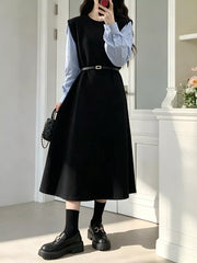 Contrast Sleeve A-line Dress With Belt, close-up detail