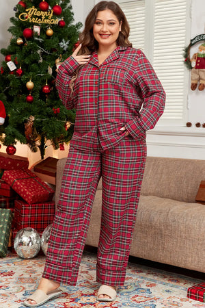 Crimson plaid pajama set with relaxed fit, collared button-up top and pants.