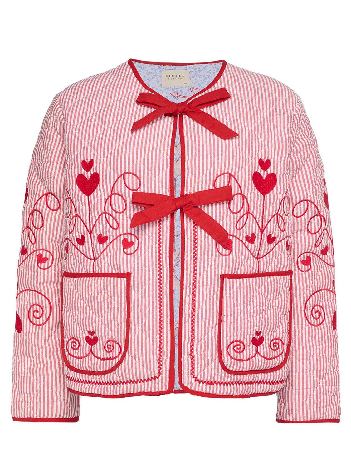 Deep Red seersucker jacket with heart embroidery and red bows.