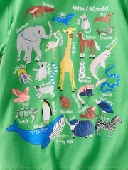 Green cotton t-shirt with playful animal alphabet print, crew neck.