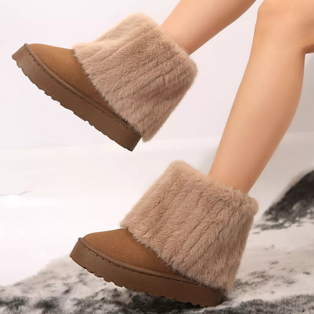 Camel faux fur platform ankle boots with brown soles