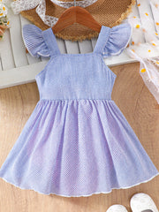 Baby dress with blue and white stripes, ruffle sleeves, and a gathered skirt.