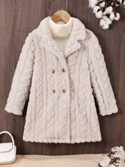Cozy textured double-breasted pea coat in eggshell with cable knit pattern.