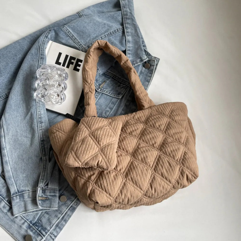 Quilted shopper bag in Camel with diamond pattern and top handles