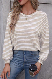 Stripe chic long sleeve tee in dust storm with crew neck and textured knit.