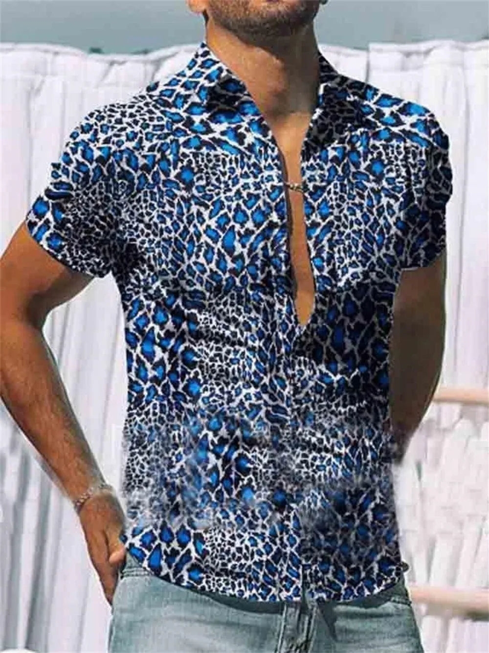 Short sleeve button-down shirt in bold abstract leopard print, Sky Blue.